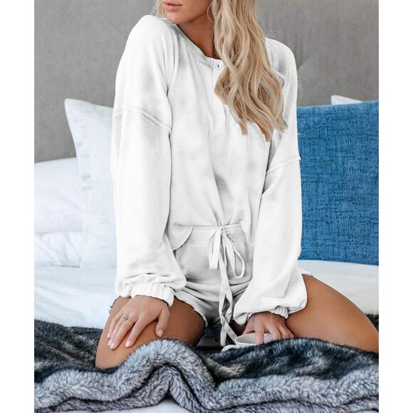 Women’s Ruffle Long Sleeve Top & Shorts Pajama Set – White, Size XL - Picture 4 of 5